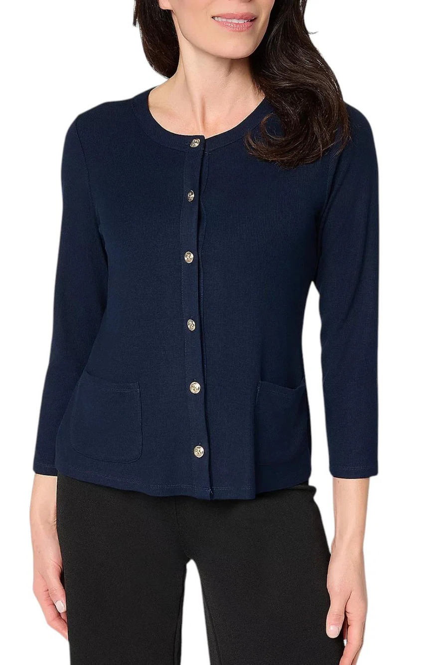 Susan Graver Rib Women's Knit 3/4 Sleeve Button Front Cardigan Navy - Regular